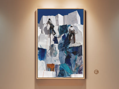 Contemporary abstract canvas art shows mountain climbers. The palette is deep blue & white. It is a stunning choice for office & study room decor. The artwork evokes adventure.