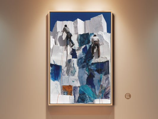 Contemporary abstract canvas art shows mountain climbers. The palette is deep blue & white. It is a stunning choice for office & study room decor. The artwork evokes adventure.