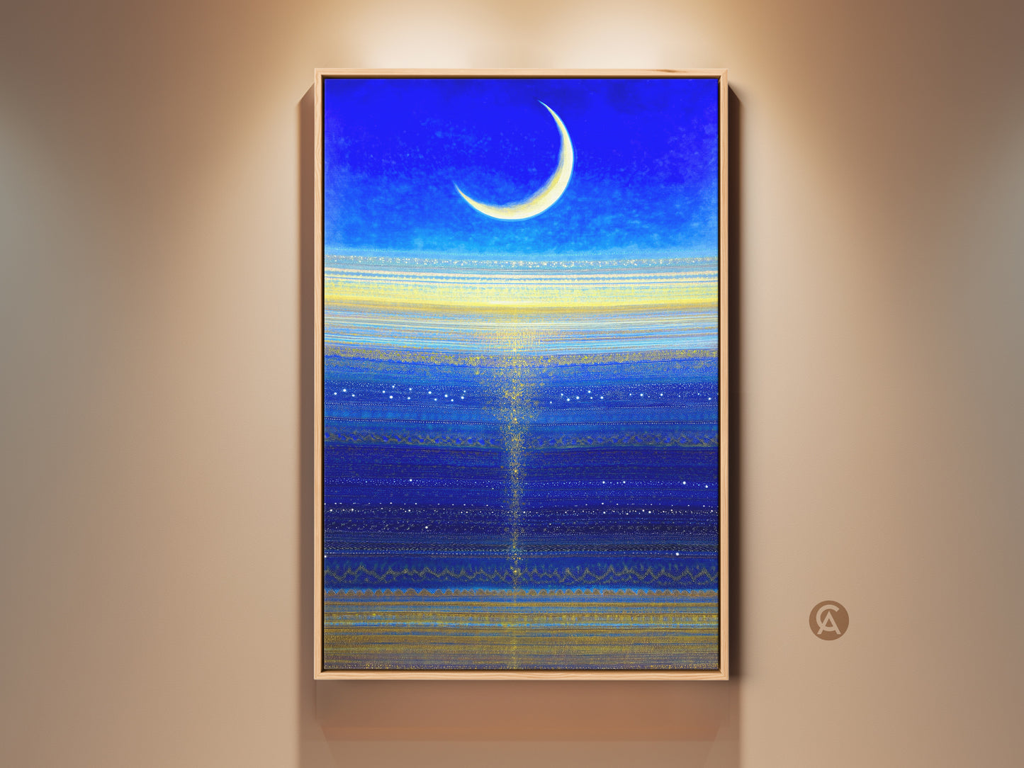 Gallery view of the blue abstract canvas print artwork. It features a celestial moon & stars wall art. This framed contemporary bedroom decor is a great stargazer gift.