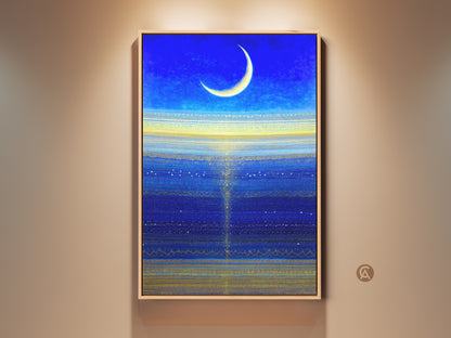 Gallery view of the blue abstract canvas print artwork. It features a celestial moon & stars wall art. This framed contemporary bedroom decor is a great stargazer gift.
