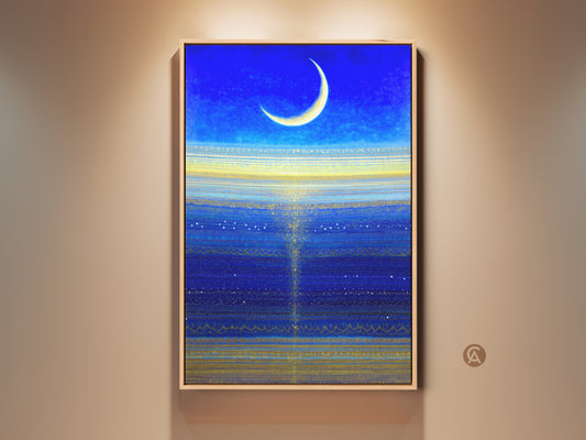 Gallery view of the blue abstract canvas print artwork. It features a celestial moon & stars wall art. This framed contemporary bedroom decor is a great stargazer gift.