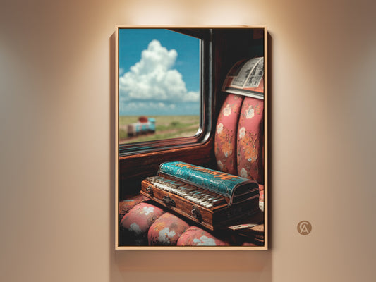 Vintage accordion wall art inside a train car with a retro travel theme. The folk art print features a brown wood accordion. This musical instrument art brings Americana nostalgia. It's perfect eclectic decor for a music lover's space. The art print includes red teal and brown colors.