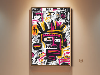 Framed canvas artwork featuring a face motif in the style of Basquiat. This striking wall art is displayed in a floating frame. Perfect for adding an urban artistic edge to any room. The artwork embodies abstract expressionism. It has bold lines and vibrant colors.