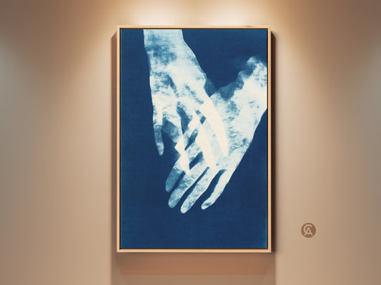 Framed Minimalist Indigo Hands Art Print This modern artwork features an abstract depiction of intertwined hands in deep blue and white. Perfect for bedroom wall decor or as a unique anniversary gift. The fine art print adds a touch of elegance to any space.