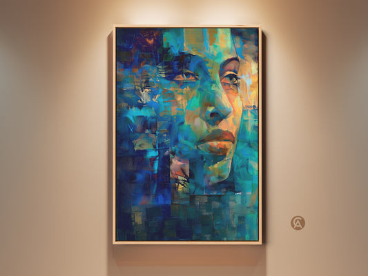 Close-up of the expressive portrait of a woman's face. The artwork is set in a wood frame. The art features bold contemporary brushstrokes in shades of deep blue teal and aqua. Perfect as a modern wall art piece for the bedroom or living room.