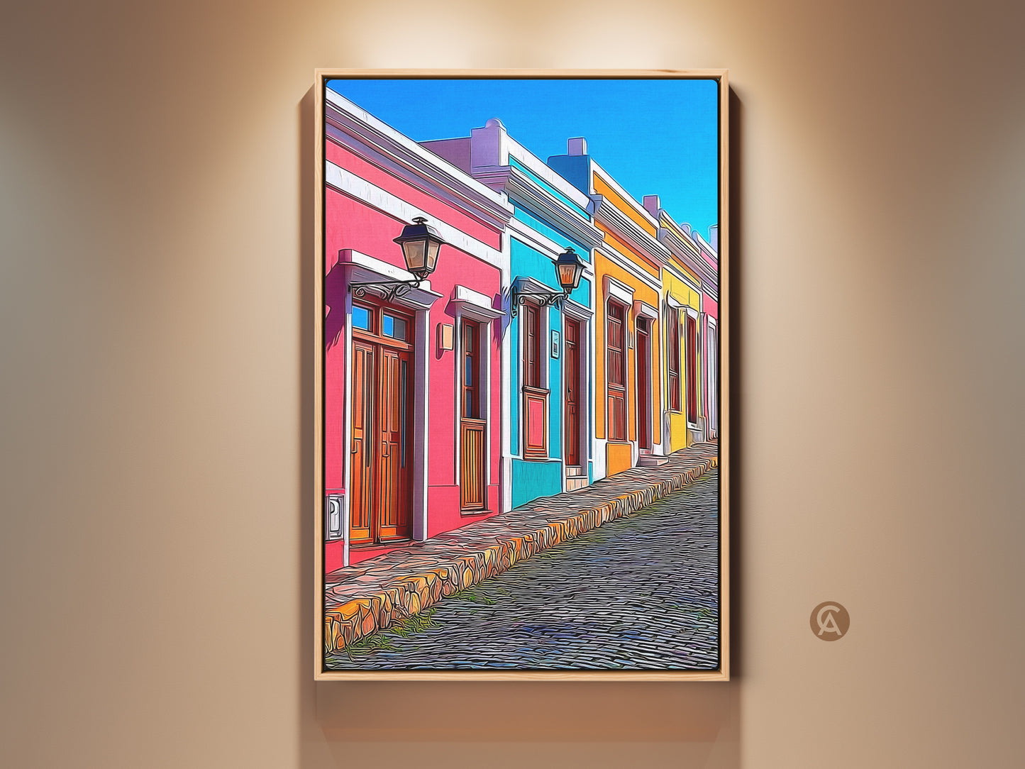 Vibrant cityscape art print featuring colorful houses on a cobblestone street. The hot pink sky blue and teal buildings create an eclectic feel. A perfect travel lover gift and unique wall hanging for a cheerful home entryway or living room. This cartoonish European street scene brings a playful and energetic touch. Consider it for a housewarming gift or a bohemian style decor accent.