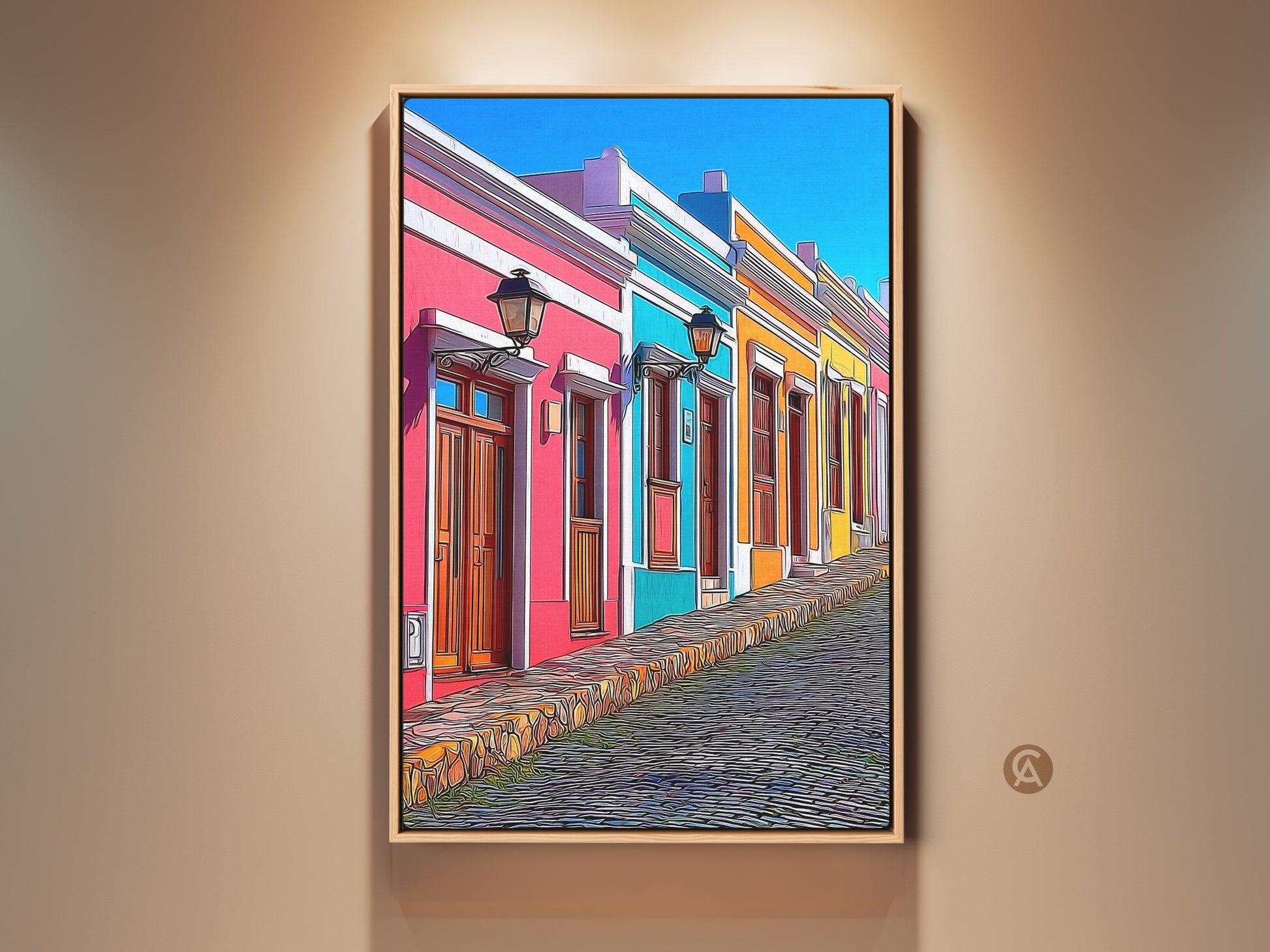 Vibrant cityscape art print featuring colorful houses on a cobblestone street. The hot pink sky blue and teal buildings create an eclectic feel. A perfect travel lover gift and unique wall hanging for a cheerful home entryway or living room. This cartoonish European street scene brings a playful and energetic touch. Consider it for a housewarming gift or a bohemian style decor accent.