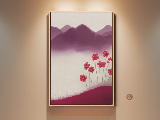 Framed watercolor floral art print on a wall. The artwork features deep magenta mountains and delicate red flowers. A Scandinavian-inspired piece adding nature and elegance to any room. This purple mountain landscape is ideal for living rooms or bedrooms.