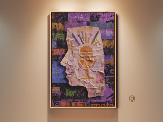 A vibrant abstract collage wall art featuring a head silhouette and microphone. The artwork is displayed in a warm-toned room. The orange yellow and purple color scheme adds an eclectic touch. Perfect for a music lover or creative space providing a symbolic visual statement.