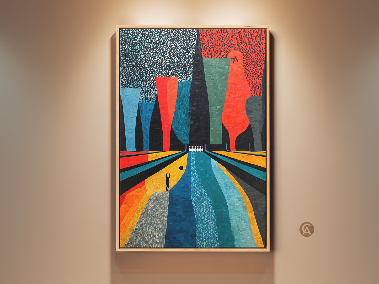 This is Mid-Century Modern bowling alley art. This abstract art print uses Orange Yellow and Teal colors. It is a retro wall decor that makes a unique gift. See the vibrant canvas capturing a playful and abstract landscape. This artwork enhances any game room or entertainment space with its colorful charm.