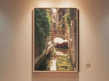 View of a framed Italian Canal Art Print. The artwork showcases a Venice gondola landscape painting. A traditional piece with brown gold and green wall decor. Perfect for adding a European touch.