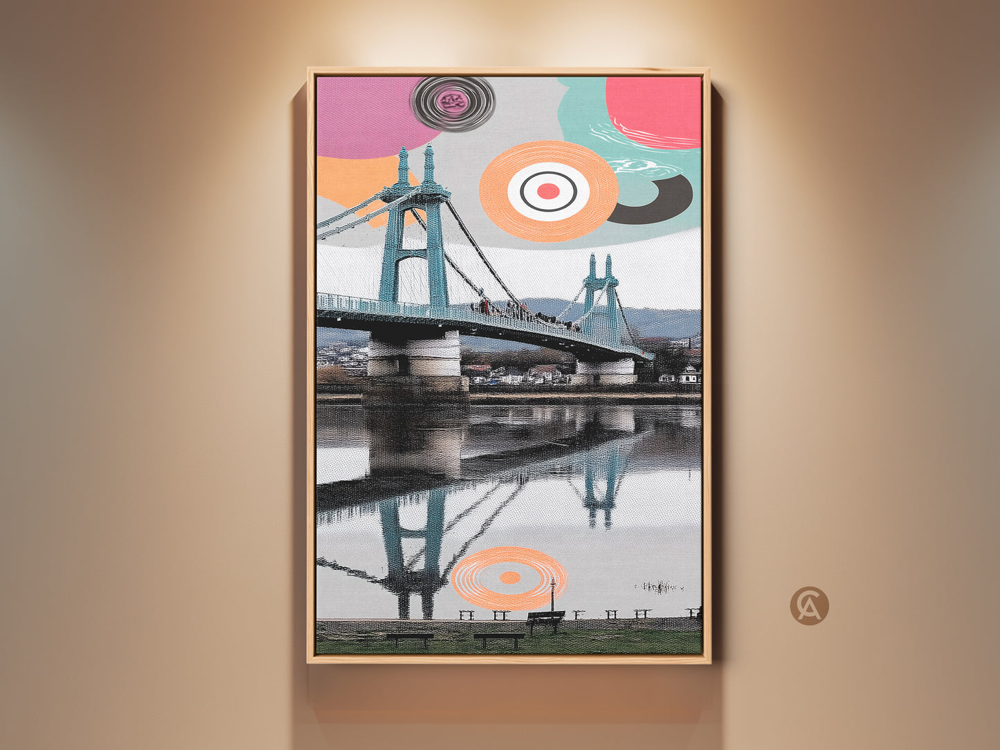 Modern abstract geometric art featuring a suspension bridge canvas print. The aqua and coral cityscape wall art will be great as entryway decor. The artwork offers a fresh perspective on urban landscapes. This is a colorful home accent art piece that is travel-inspired.