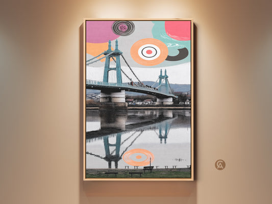 Modern abstract geometric art featuring a suspension bridge canvas print. The aqua and coral cityscape wall art will be great as entryway decor. The artwork offers a fresh perspective on urban landscapes. This is a colorful home accent art piece that is travel-inspired.