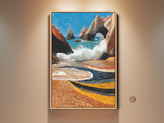 Textured coastal landscape artwork print. It features an ocean archway beach scene. The colors aqua orange and blue create a seascape wall decor. Perfect as a housewarming gift. Impressionistic Seascape art for a residential space. Beach themed wall hanging for living rooms.