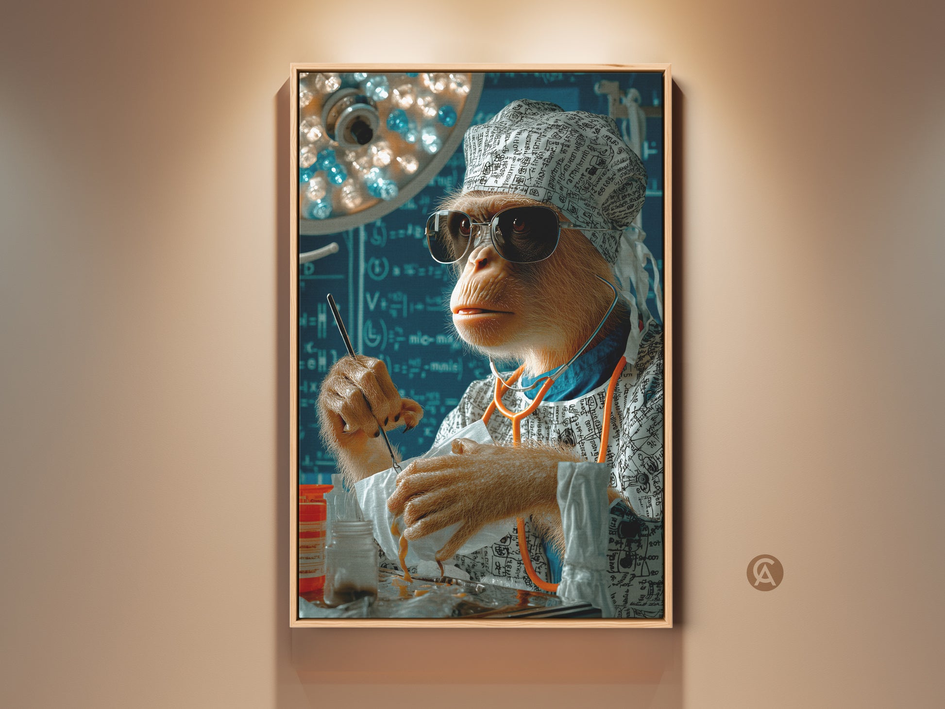 A framed surreal surgeon monkey art print hangs against a tan wall. This unique piece blends medical and animal themes. It's a funny doctor gift idea for office wall decor. This quirky animal artwork adds humor to any space. The print features a brown monkey in a surgical setting with blue accents.