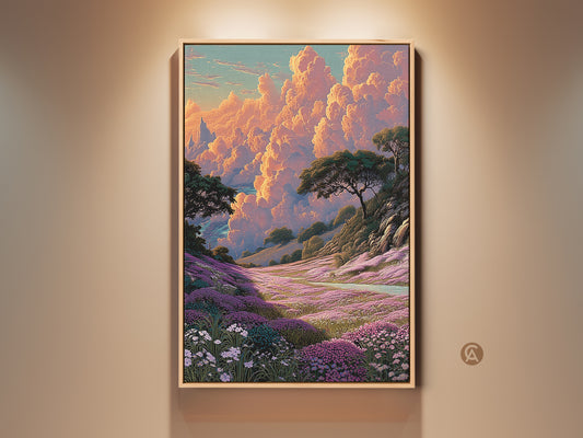 Framed fantasy landscape canvas art print with impressionistic wildflower mountains. This boho home decor features purple pink and orange nature artwork. The serene piece brings a touch of natural beauty. It is perfect for living rooms and bedrooms adding a vibrant and dreamy atmosphere.