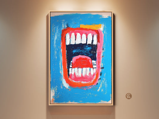 Gallery display of a vibrant mouth artwork. The painting features bright blue background and a striking red mouth with white teeth. This modern art piece is framed and ready to hang adding a bold statement to any room.