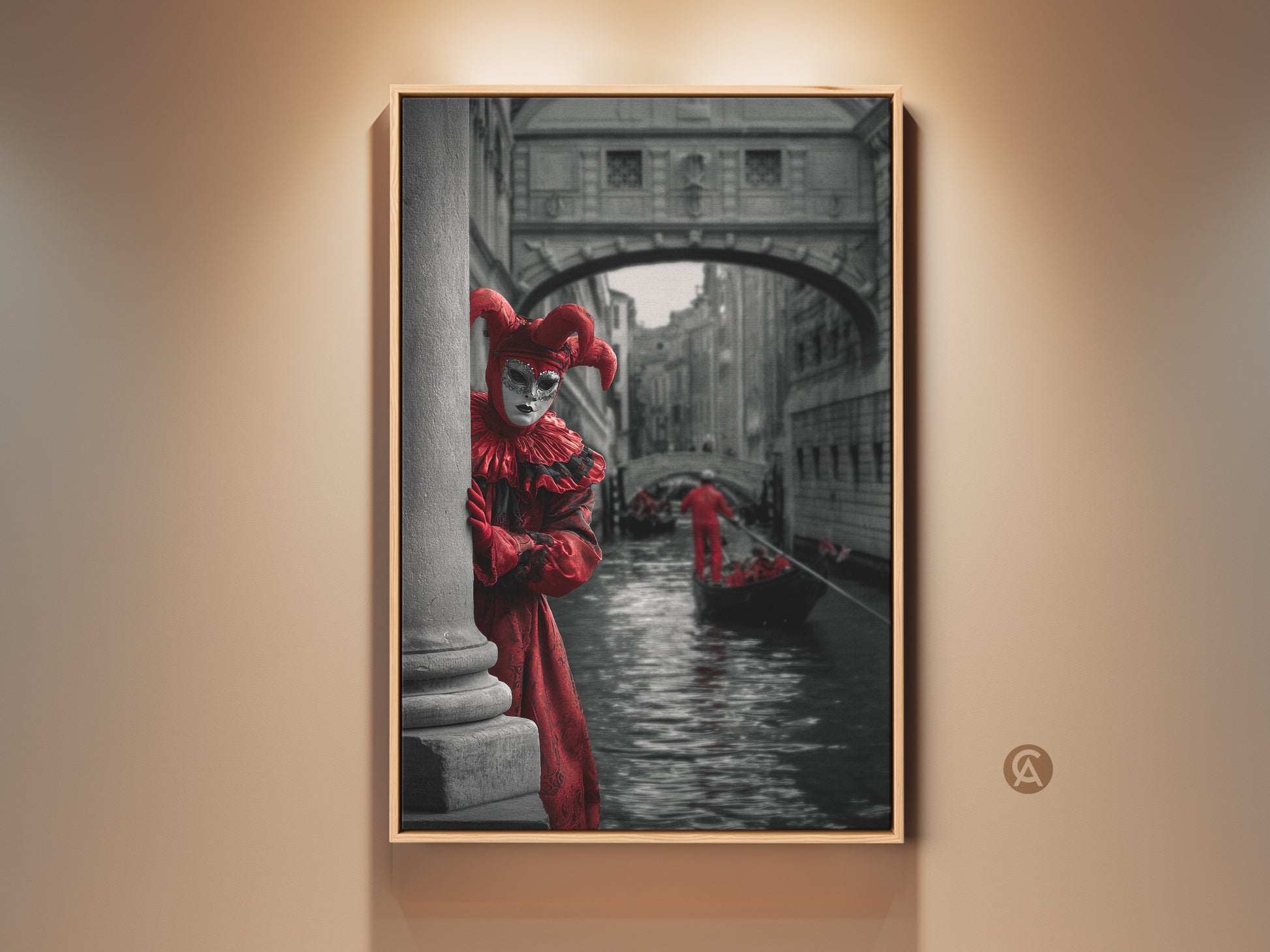 Capture the Venice Carnival spirit with this canvas art print. It shows a theatrical jester in a red costume peeking behind a pillar. See the gondola and Venetian architecture. This artwork adds eclectic charm to any room. A perfect travel to Venice gift.
