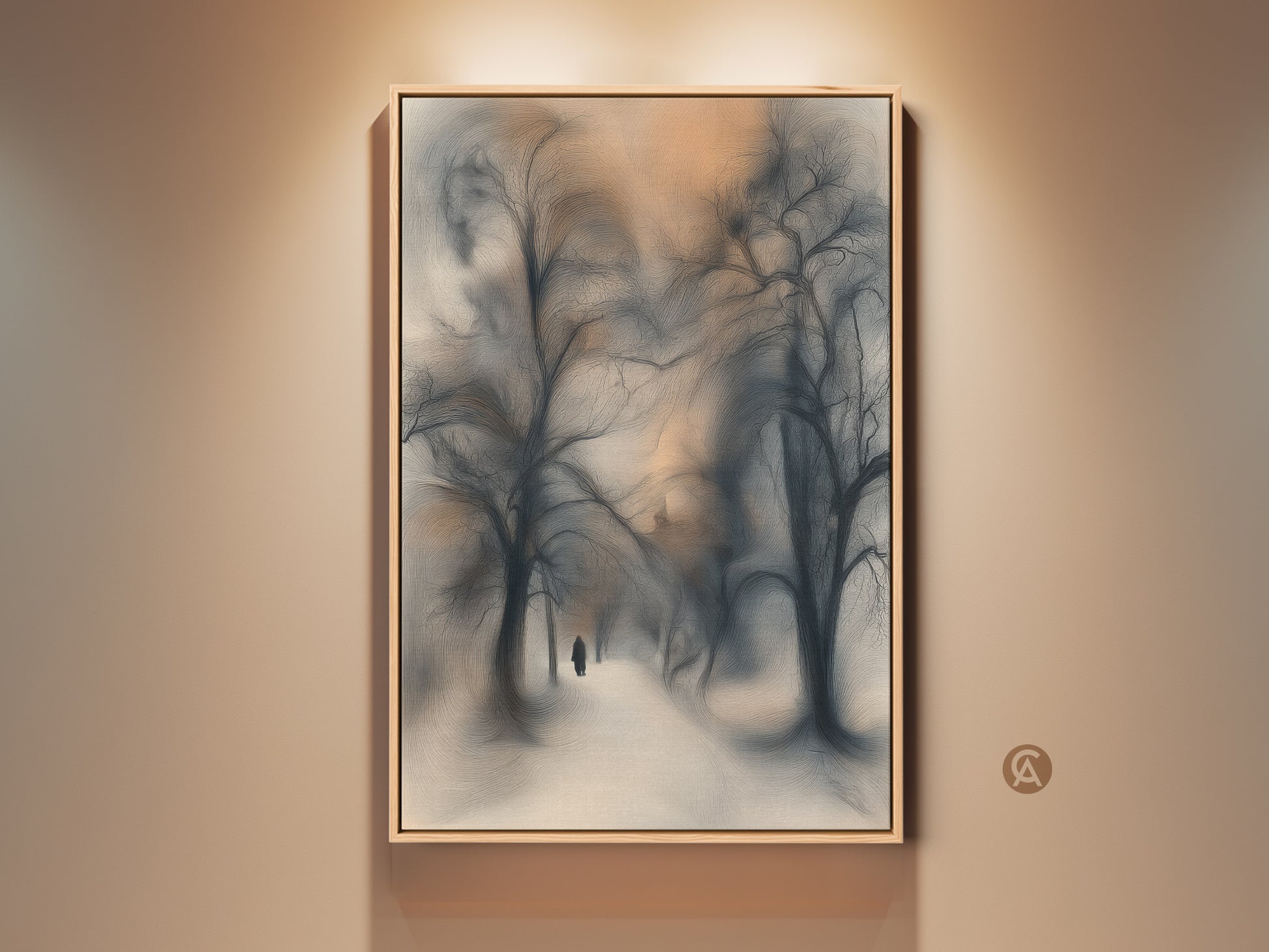 View a serene winter landscape artwork. The art print features a solitary figure walking on a snowy path framed by bare trees. Hints of orange sky add warmth to the blue-gray tones. Perfect nature wall art for a cozy bedroom or home.