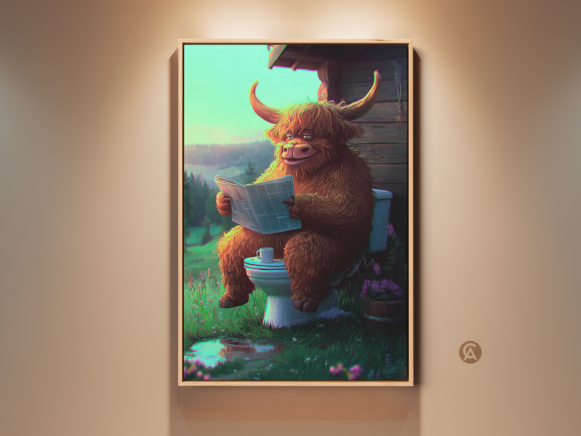 A framed art print of a whimsical Highland cow is displayed. The cow sits on a toilet reading a newspaper. This funny eclectic artwork with brown green & teal hues adds character. It is perfect wall decor for a bathroom or for cow lovers.