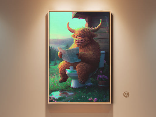 A framed art print of a whimsical Highland cow is displayed. The cow sits on a toilet reading a newspaper. This funny eclectic artwork with brown green & teal hues adds character. It is perfect wall decor for a bathroom or for cow lovers.