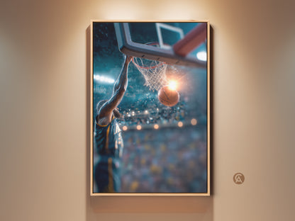 Framed basketball art print. The artwork shows a basketball player dunking. The print has a wooden frame. This sports art adds action to any room. Buy now and celebrate basketball.