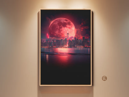 Surreal cityscape artwork featuring a vibrant red moon over a dark blue skyline. Contemporary art print in a wood frame creates a stunning focal point. Perfect unique wall decor for home or office a captivating piece for cityscape and fantasy art lovers