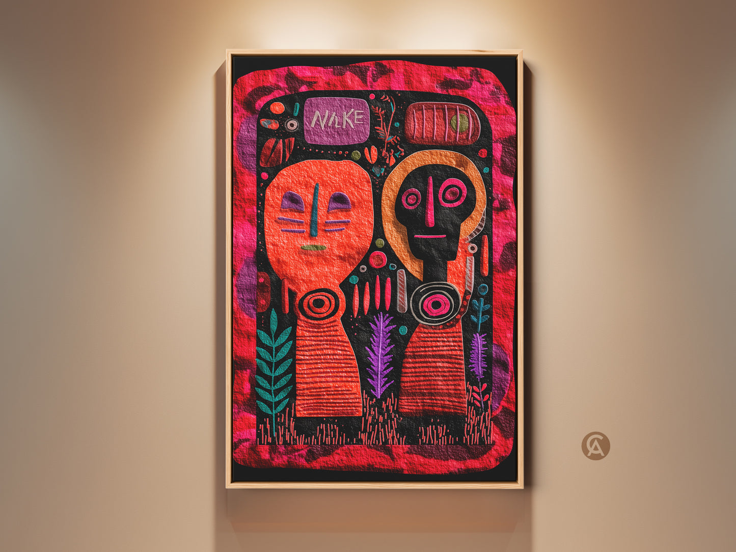Folk Art Canvas Print featuring abstract faces and geometric patterns. This artwork has a vibrant orange red and magenta color palette. Eclectic home decor for unique spaces. The naive folk style and striking colors make this a standout piece for any room. Perfect for art enthusiasts seeking bold and expressive wall art.