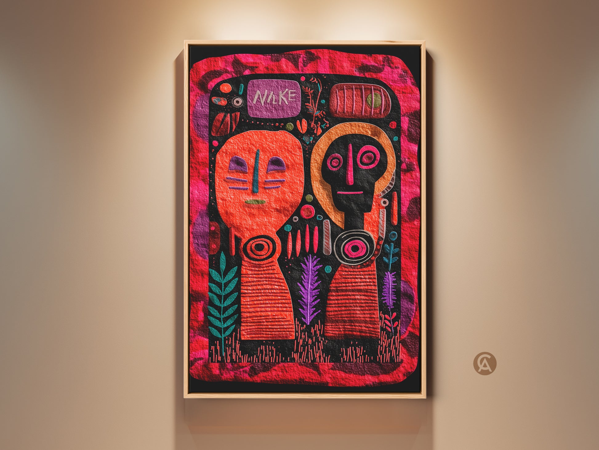 Folk Art Canvas Print featuring abstract faces and geometric patterns. This artwork has a vibrant orange red and magenta color palette. Eclectic home decor for unique spaces. The naive folk style and striking colors make this a standout piece for any room. Perfect for art enthusiasts seeking bold and expressive wall art.