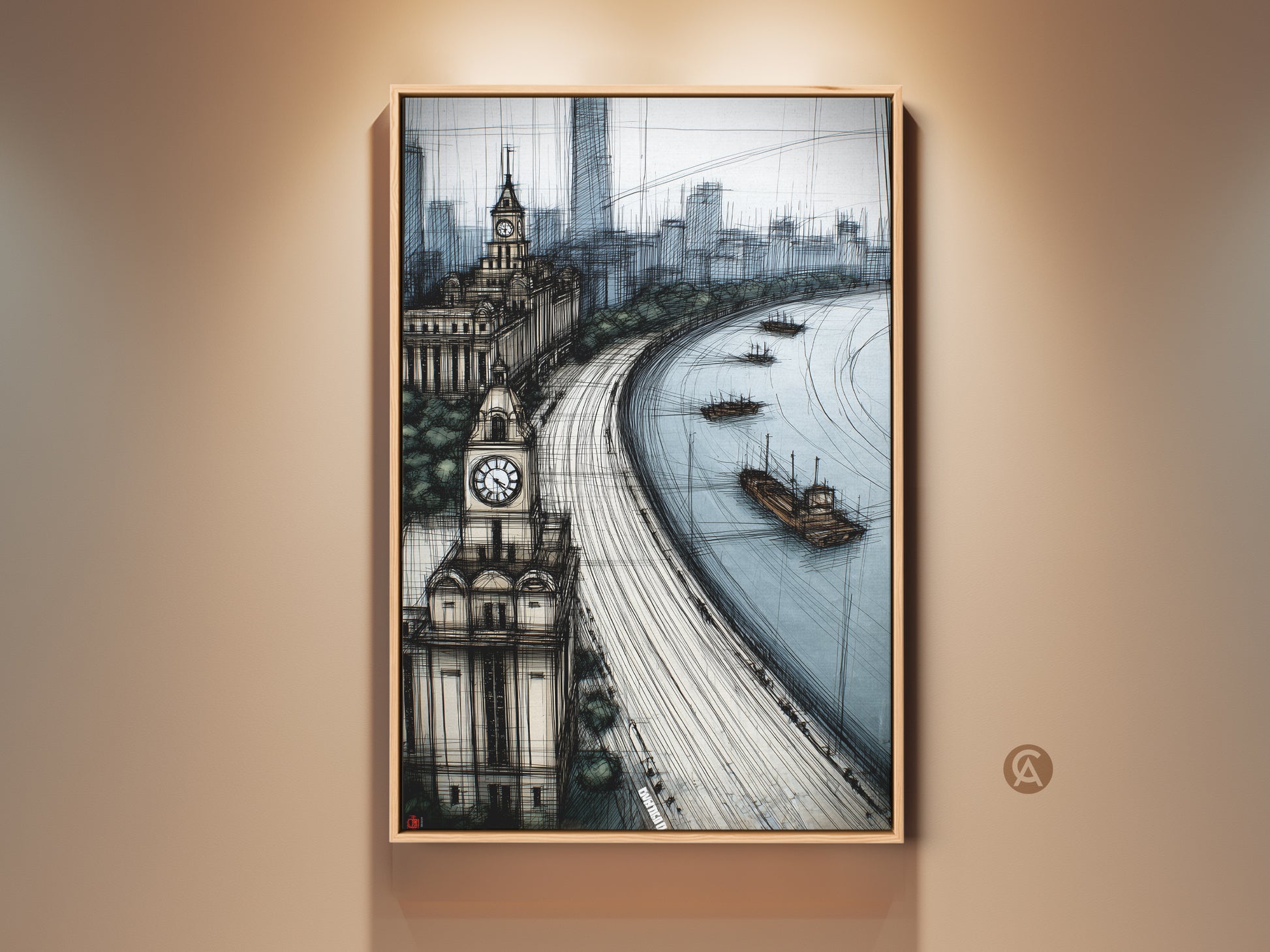 Framed cityscape sketch artwork hangs on a wall. The blue gray art print features a river clock tower and modern architecture. This contemporary wall art is perfect for an office or entry hall. A unique travel housewarming gift.