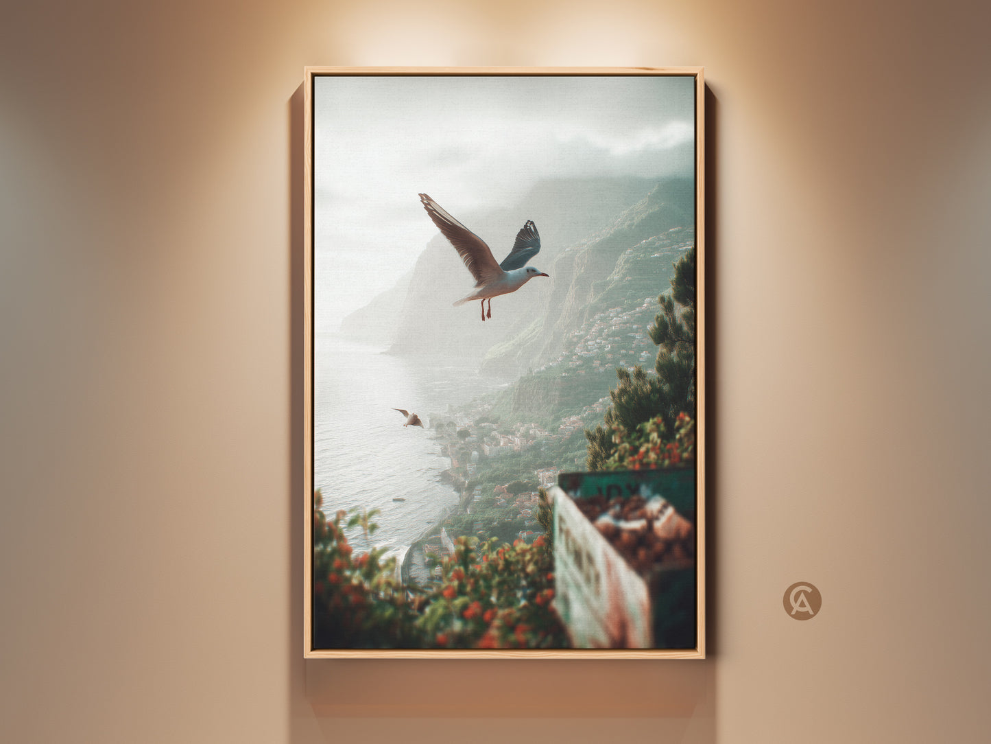 Teal green grey coastal art print showcasing seagulls flying over a seaside town. This beach landscape wall decor brings a tranquil ocean view to your living space. A perfect travel gift for him or any sea lover looking to add coastal vibes to their home decor.