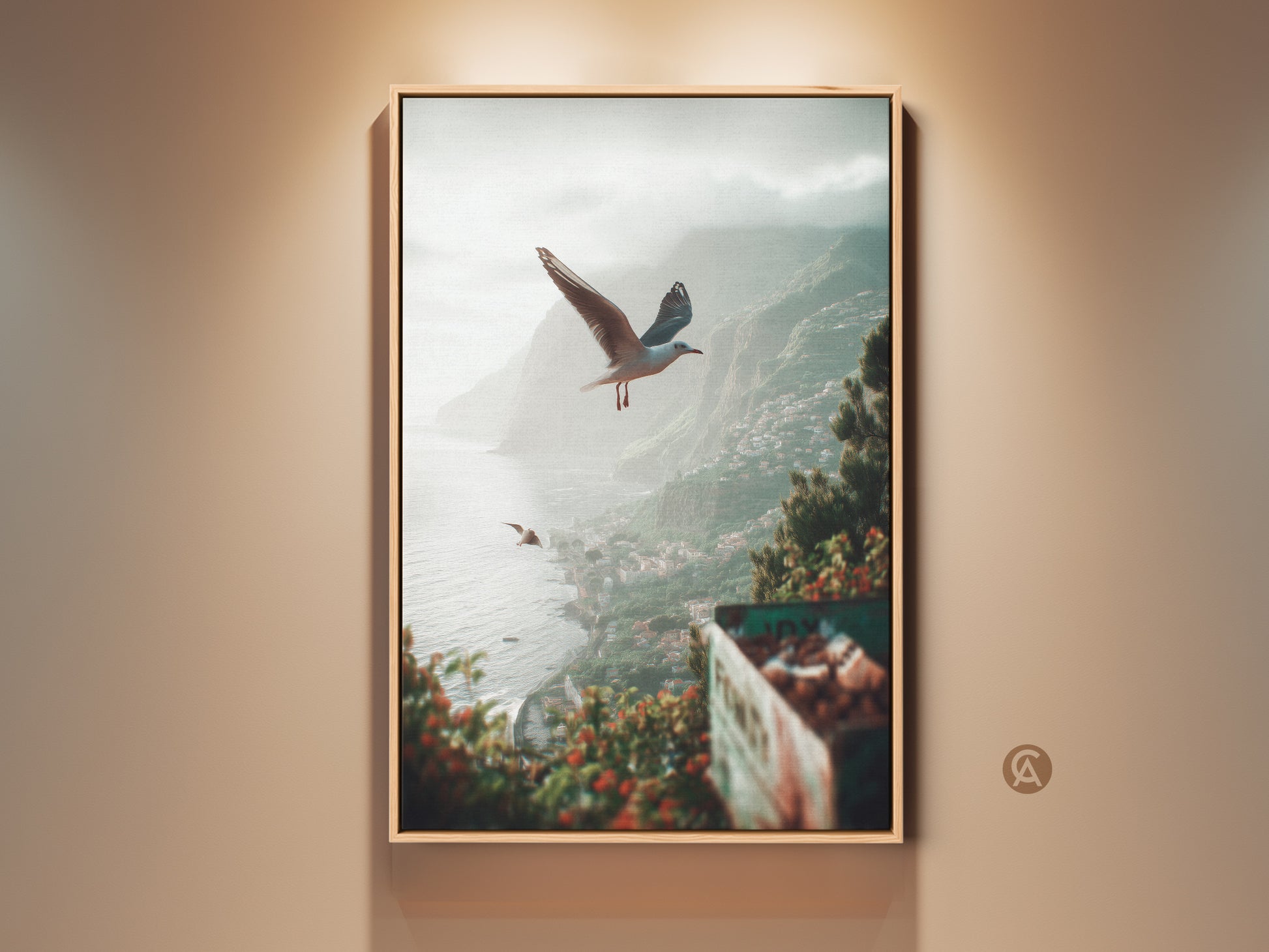 Teal green grey coastal art print showcasing seagulls flying over a seaside town. This beach landscape wall decor brings a tranquil ocean view to your living space. A perfect travel gift for him or any sea lover looking to add coastal vibes to their home decor.