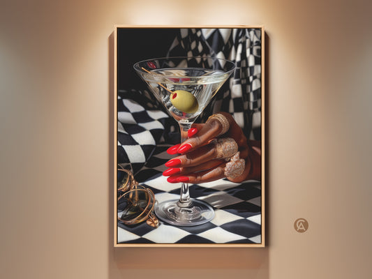 Glamorous martini art print showcases a cocktail glass with gold jewelry. This art deco artwork features a hand with red nails and gold rings. It's set against a chic black and white checkered background. This contemporary bar decor is perfect for cocktail lovers and adds upscale style to any home bar.