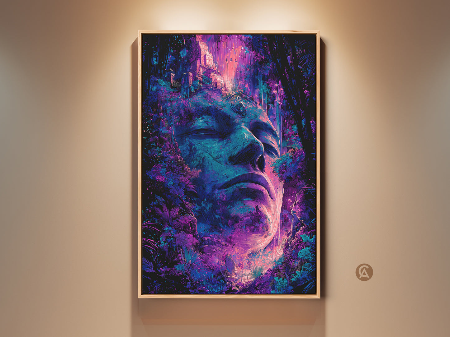 Framed artwork of a serene face surrounded by lush foliage. The art is a vibrant mix of blues and purples. The serene face evokes a sense of calm. This modern art piece adds a touch of nature to any space. Perfect for meditation rooms or living areas.
