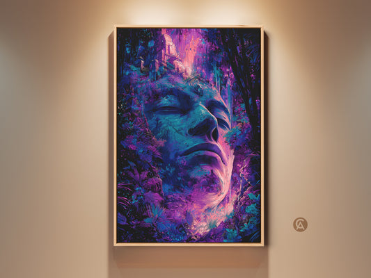 Framed artwork of a serene face surrounded by lush foliage. The art is a vibrant mix of blues and purples. The serene face evokes a sense of calm. This modern art piece adds a touch of nature to any space. Perfect for meditation rooms or living areas.