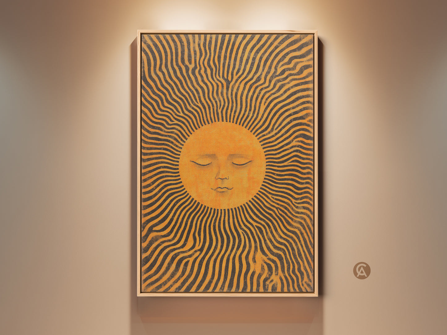 A framed celestial sun art print hangs on a beige wall. This boho abstract sun face wall decor features mid-century orange and yellow rays. The canvas adds warmth and artistic flair to any room. This spiritual sun face decor is a unique housewarming gift.