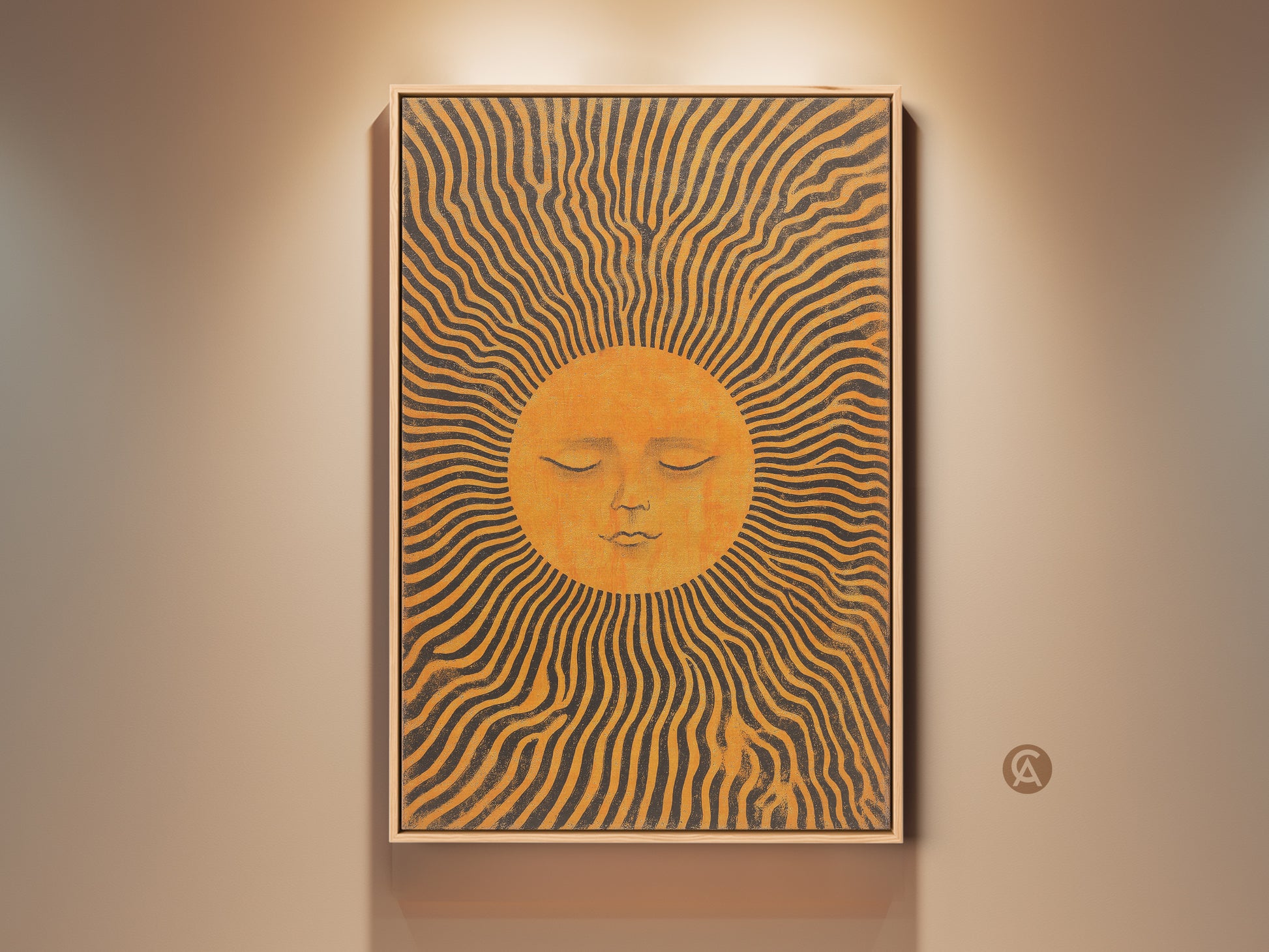A framed celestial sun art print hangs on a beige wall. This boho abstract sun face wall decor features mid-century orange and yellow rays. The canvas adds warmth and artistic flair to any room. This spiritual sun face decor is a unique housewarming gift.