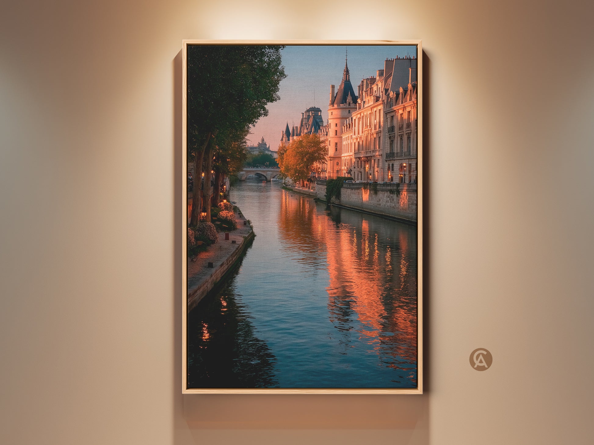 Parisian Cityscape Canvas art print on a wall. Golden hour bathes Parisian buildings in a warm glow. Seine River photography captures the romance of France. Elevate your home decor with this contemporary art piece. A perfect housewarming gift for Francophiles. Add urban elegance to any room.