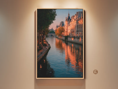 Parisian Cityscape Canvas art print on a wall. Golden hour bathes Parisian buildings in a warm glow. Seine River photography captures the romance of France. Elevate your home decor with this contemporary art piece. A perfect housewarming gift for Francophiles. Add urban elegance to any room.