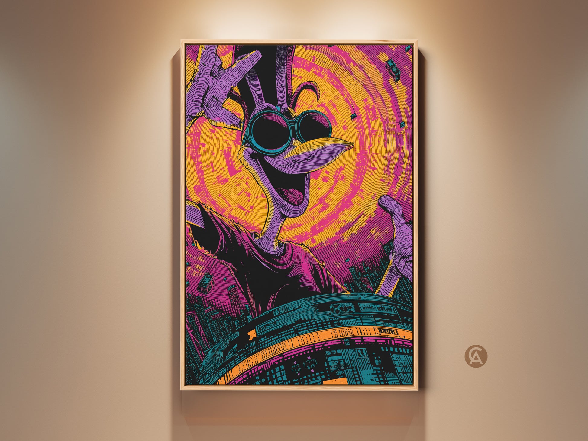 A vibrant framed artwork featuring a cartoon bird character with sunglasses. The artwork showcases a mix of purple yellow and teal hues. The art piece is displayed in a well-lit room adding a pop of color to the wall. Perfect for adding a playful touch to any space.