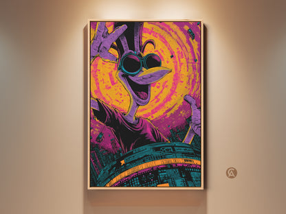 A vibrant framed artwork featuring a cartoon bird character with sunglasses. The artwork showcases a mix of purple yellow and teal hues. The art piece is displayed in a well-lit room adding a pop of color to the wall. Perfect for adding a playful touch to any space.