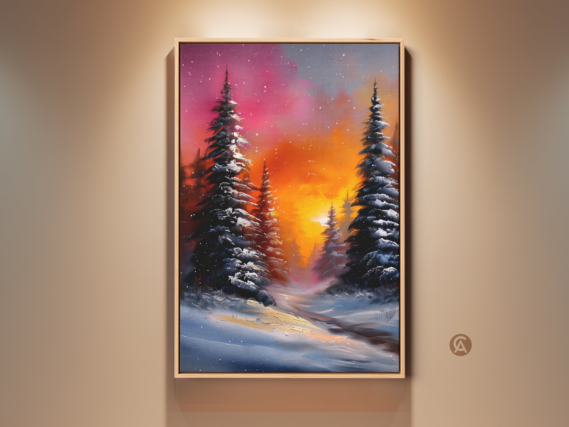 Impressionistic winter landscape canvas print. It shows a snowy pine forest wall art with a rustic oil painting style. The orange and pink sky creates a cozy bedroom art piece. Cabin lodge wall art for nature lovers.