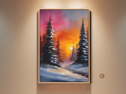 Impressionistic winter landscape canvas print. It shows a snowy pine forest wall art with a rustic oil painting style. The orange and pink sky creates a cozy bedroom art piece. Cabin lodge wall art for nature lovers.