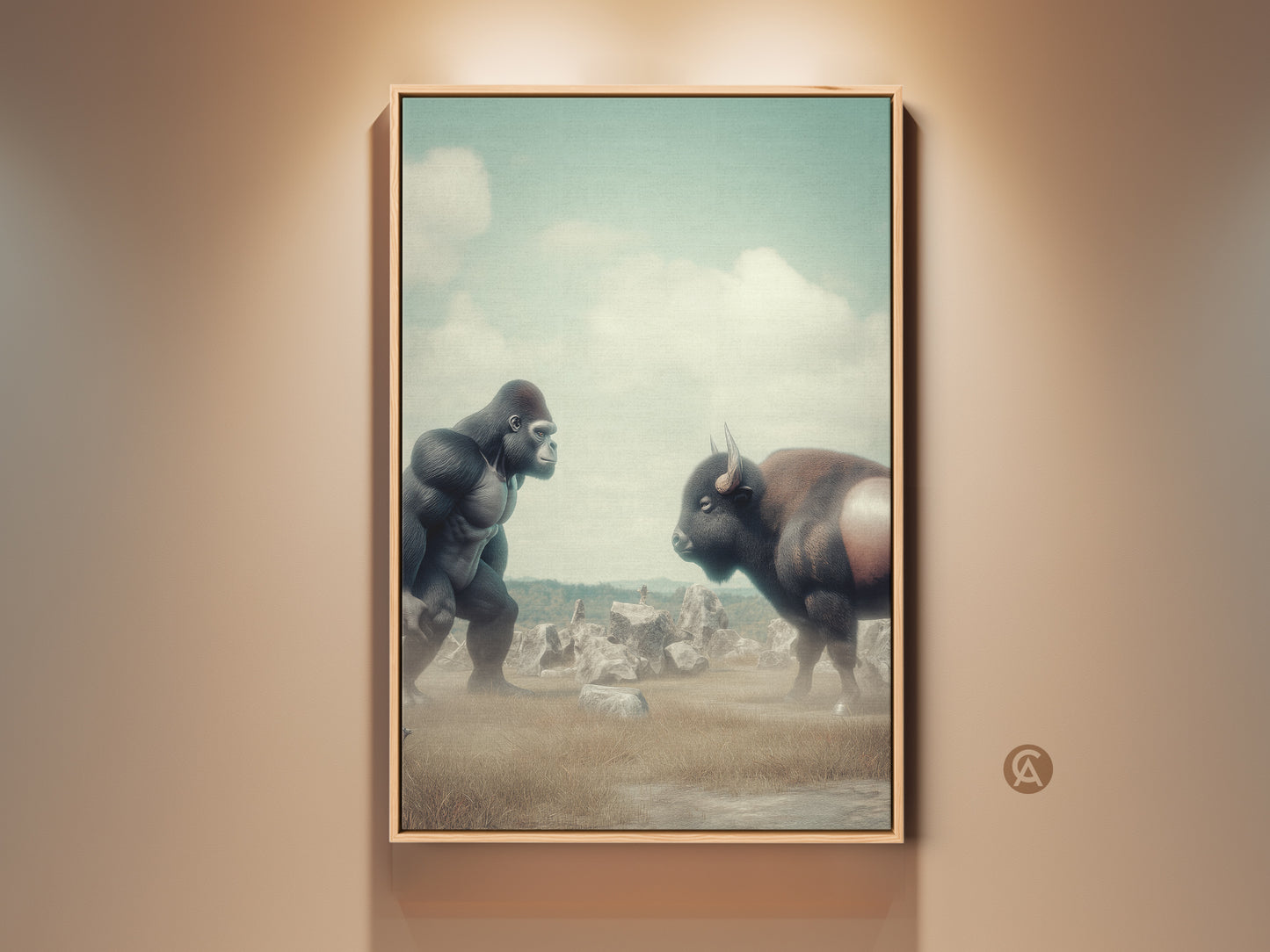 Surreal digital art canvas print featuring a Gorilla vs Bison. The artwork showcases muted greens and earthy tones. This fantasy nature wall art is perfect for office decor. It adds an eclectic touch to any space. A unique wildlife print for animal lovers.