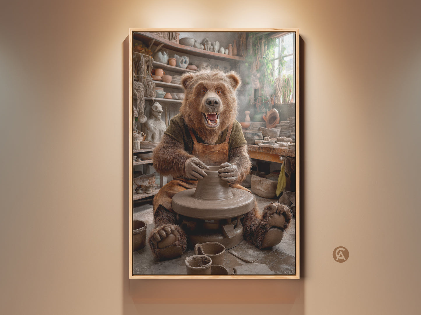 Realistic bear artist at a pottery wheel. Terracotta and earthy tones create a warm studio scene. This canvas wall decor embodies craftsmanship. A unique gift for a ceramic artist's creative space. Perfect for rustic studio art a kiln art print or animal making clay.