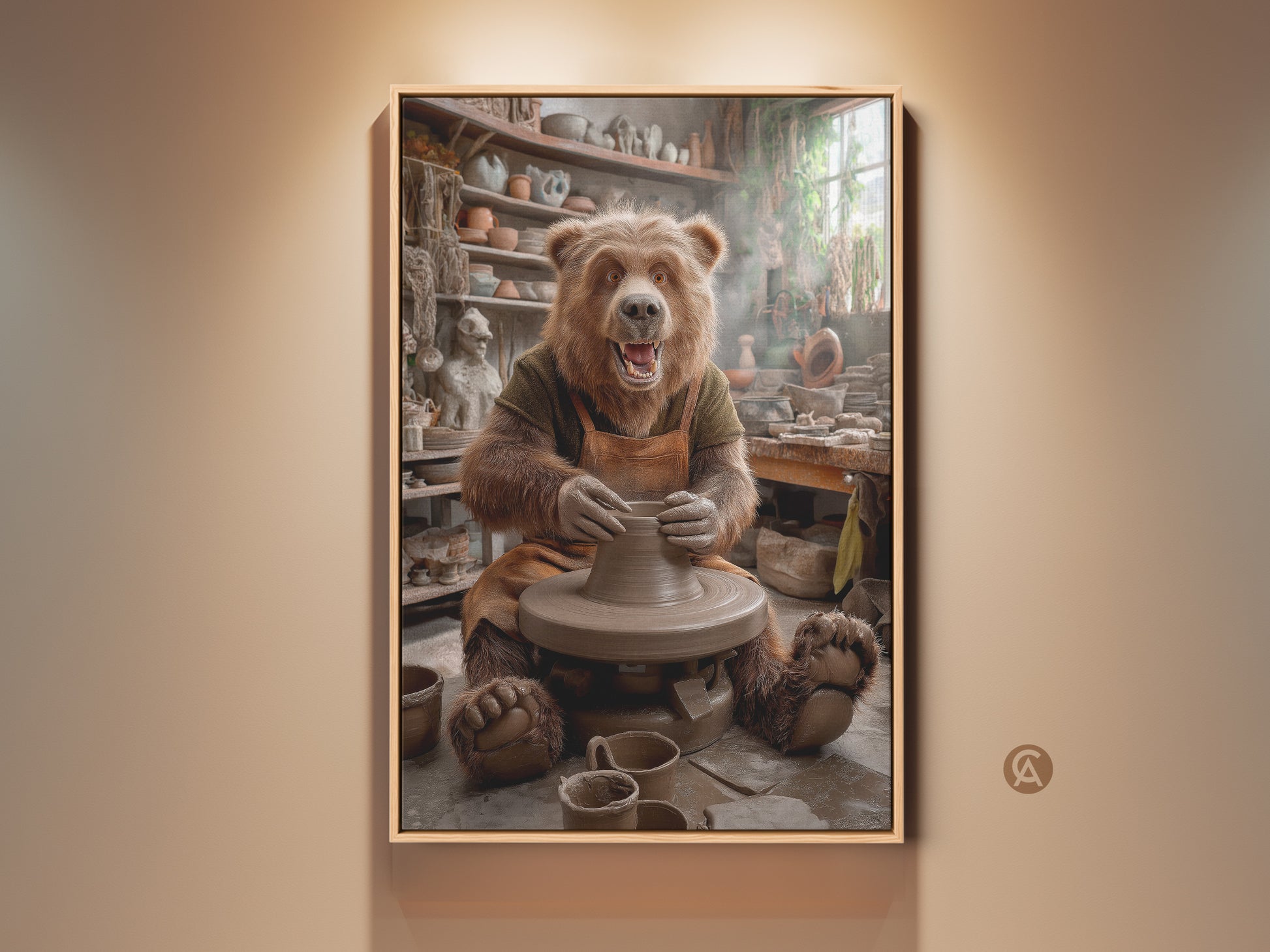 Realistic bear artist at a pottery wheel. Terracotta and earthy tones create a warm studio scene. This canvas wall decor embodies craftsmanship. A unique gift for a ceramic artist's creative space. Perfect for rustic studio art a kiln art print or animal making clay.