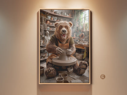 Realistic bear artist at a pottery wheel. Terracotta and earthy tones create a warm studio scene. This canvas wall decor embodies craftsmanship. A unique gift for a ceramic artist's creative space. Perfect for rustic studio art a kiln art print or animal making clay.
