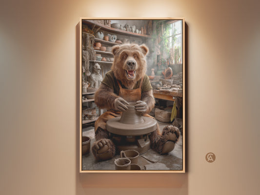 Realistic bear artist at a pottery wheel. Terracotta and earthy tones create a warm studio scene. This canvas wall decor embodies craftsmanship. A unique gift for a ceramic artist's creative space. Perfect for rustic studio art a kiln art print or animal making clay.