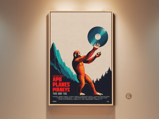 Retro monkey vinyl record art print. It features a monkey reaching for a vinyl record. The art has stylized mountains and trees. It blends vintage poster aesthetics with a mid-century modern style. The colors are bold teal orange and deep navy. This print is perfect for a music room or office.