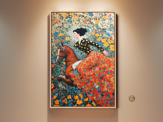 A woman in a black and gold top and red dress rides a horse. The horse is mid-jump. The background is a vibrant explosion of flowers and gold leaf. This is a colorful and expressive artwork on museum quality paper.